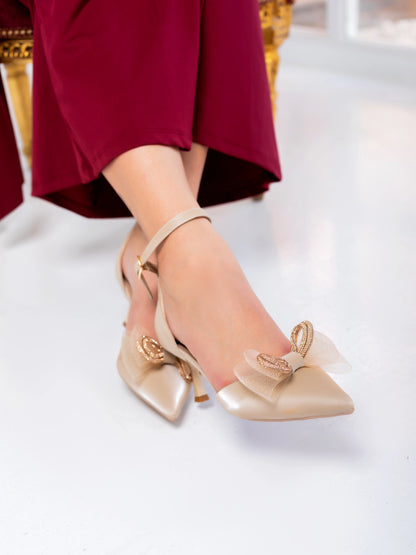 Pearl Bloom Bridal Ankle Strap Heels | Beige