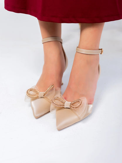 Pearl Bloom Bridal Ankle Strap Heels | Beige