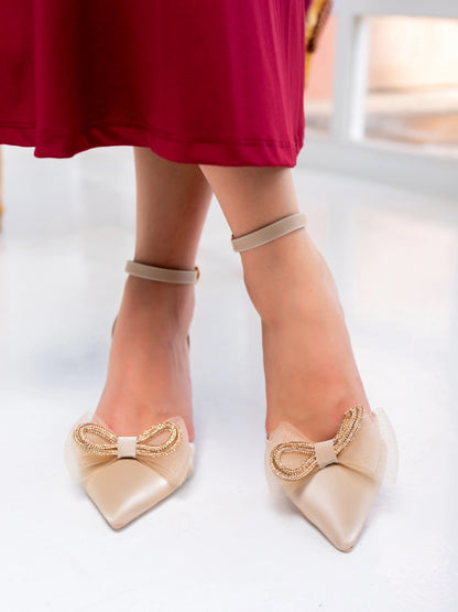 Pearl Bloom Bridal Ankle Strap Heels | Beige