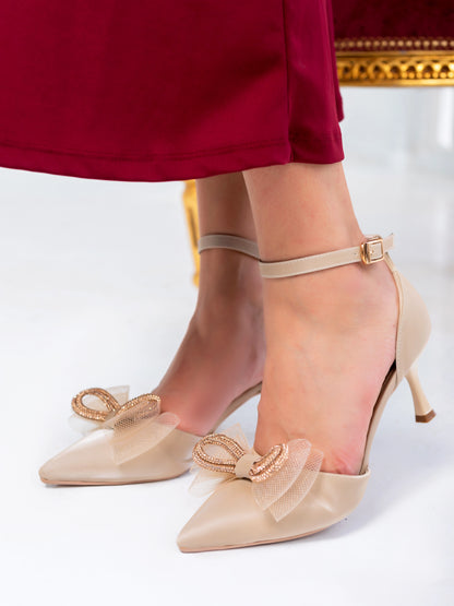 Pearl Bloom Bridal Ankle Strap Heels | Beige